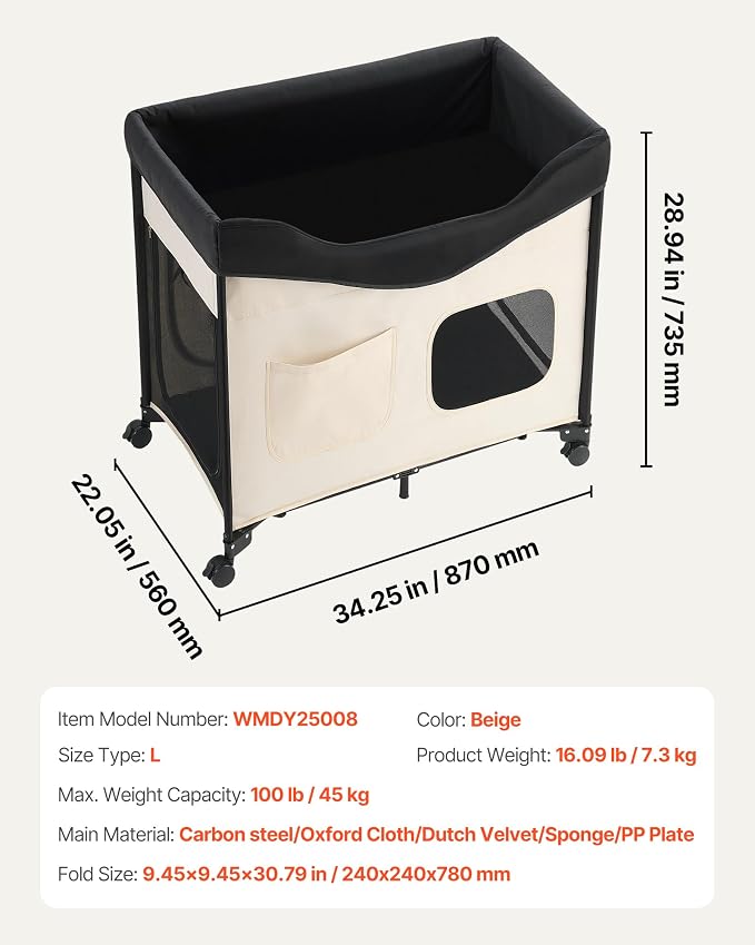 VEVOR Bedside Lounge Pet Bed, Foldable Bunk Dog Bed with 600D Oxford Cloth and Dutch Velvet, Portable Raised Cot with Wheels, Side Storage Bags, and Carry Bag for Cats & Dogs, L, Beige