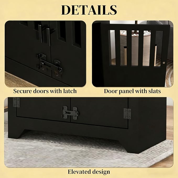 Dog Feeding Station with Storage, 2 Stainless Steel Bowls, Black, Elevated Dog Bowl Holder, Dog Feeder Stand, Wooden Dog Food Organizer for Indoor, Dog Food Storage Cabinet