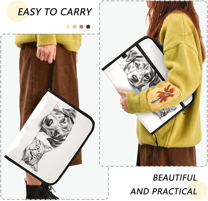 Pet Sketch Expanding File Folder with Sticky Labels | 13 Pockets Accordion File Folder Document Organizer Expandable Zip File Folder with Zipper Closure