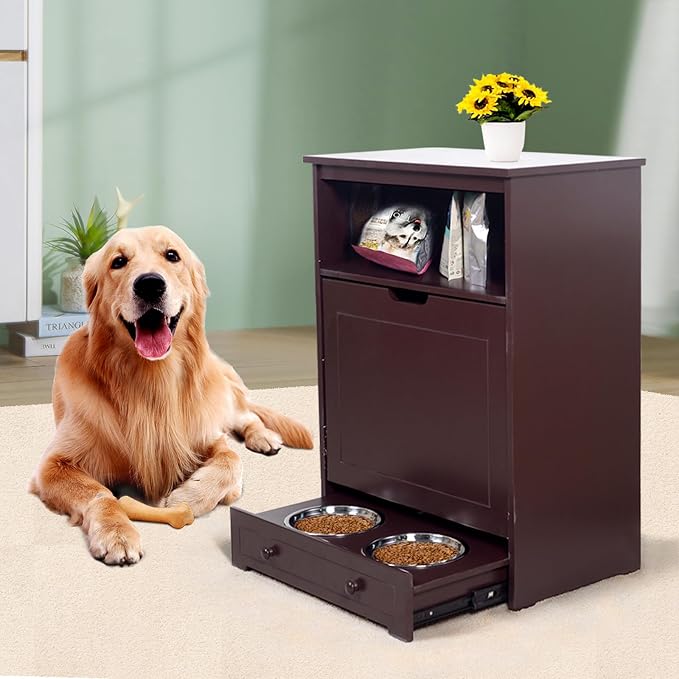 Pet Feeder Station, Dog Food Storage Cabinet with Stainless Steel Double Pull Out Raised Dog Bowls, Pet Food Toy Storage Container, Elevated Cat Bowls Feeding & Watering, Pet Toy Storage Organizer