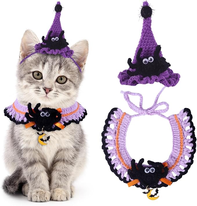 Kunyeah Halloween Pet Costume Set for Cats Small Dog Adjustable Knitted Hat Scarf Pumpkin & Witch Print Puppy Bib Cute Crochet Cat Collar Cap Pet Apparel Outfit (Purple-Spider)