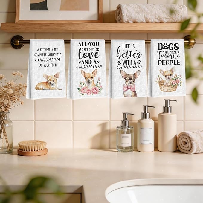 4Pcs Chihuahua Kitchen Towels 24x14 Inch, Chihuahua Gifts for Women Mom, Waffle Weave Kitchen Towel, Dog Decorative Reusable Hand Towels for Bathroom, Gifts for Dog Lovers, 14x24 Inches
