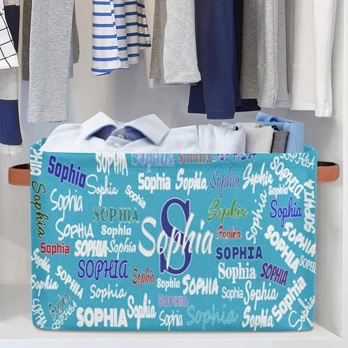 Custom Storage Baskets for Kids Name, Large Foldable Organizer Collapsible Storage Bin with Leather Handle for Home Toys Closet Nursery, Sea Blue Background