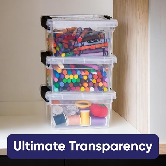 Superio 1.4 Quart Mini Clear Plastic Storage Container with Lid, Stackable Small Organizer Box for Crayons, Art Supplies, Beads, Sewing, Stationery & Food Storage, 3 Pack