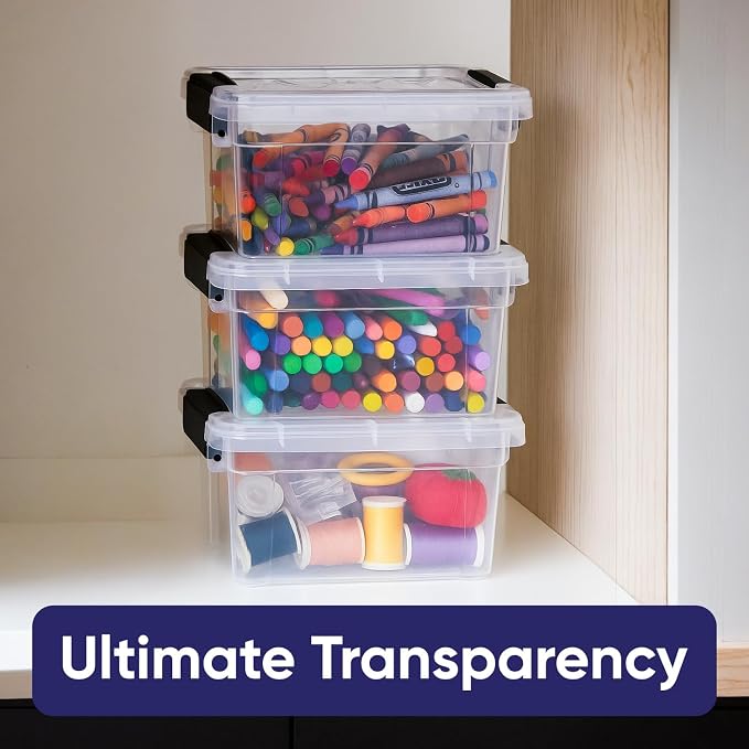 Superio 1.4 Quart Mini Clear Plastic Storage Container with Lid, Stackable Small Organizer Box for Crayons, Art Supplies, Beads, Sewing, Stationery & Food Storage, 24 Pack