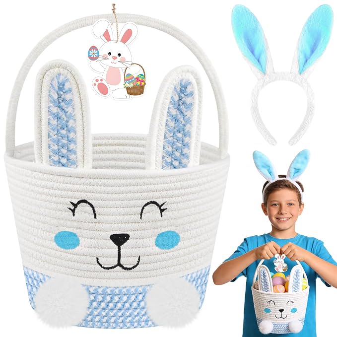 Easter Basket, Personalized Baby Easter Gifts Basket Empty with Handle, Bunny Ears Headband, Woven Cotton Rope Egg Baskets for Boys Girls Kids Toddler
