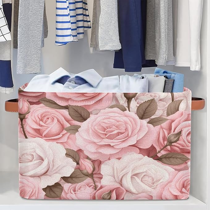SEULIFE Floral Flower Rose Pink Foldable Storage Basket, Large Collapsible Organizer Storage Bin Cube Toys Storage Boxes with Handles for Bathroom Kids Nursery Closet Storage, 1 Pack