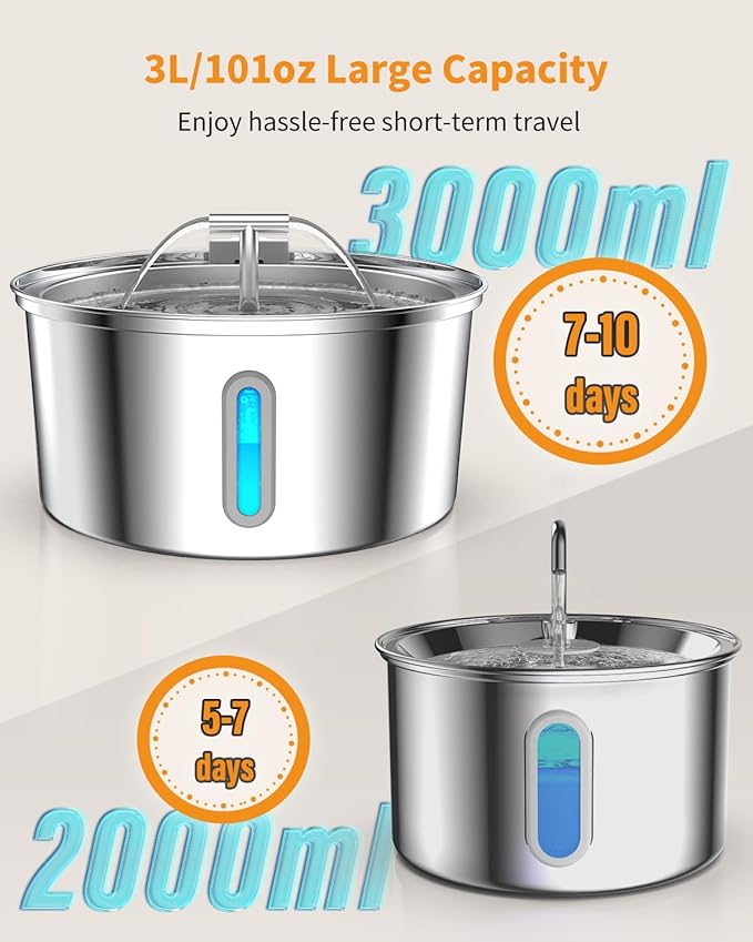 Lawfery Cat Water Fountain Stainless Steel, 0.8gal/108oz Automatic Cat Drinking Fountain with 3 Filters, Pet Water Dispenser with Quiet Pump, Suitable for Cats, Dogs and Multi-pet households