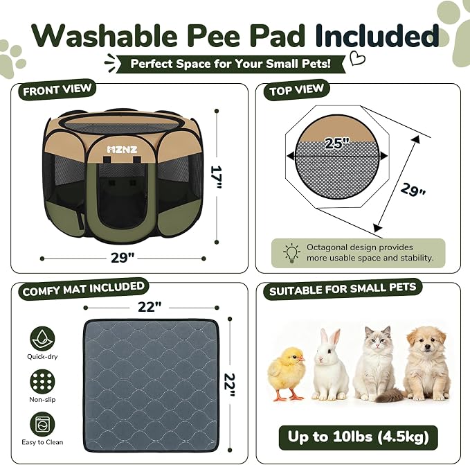 Dog Cat Small Animal Puppy Playpen with Pee Pad, Small, Olive Green | Portable Pop Up Pet Cage Enclosure Tent Kennel Indoor Outdoor with Carrying Case, No Assembly, Camping Use