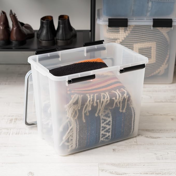 IRIS USA 4-Pack 32 Qt Storage Bins with Gasket Lids, Clear/Black | WeatherPro seal protects everyday essentials in closets, offices and laundry rooms