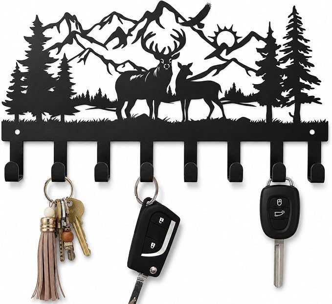 Deer Metal Key Holder for Wall, 14.5" X 8.9", Key Hooks for Wall Organizer, Key Rack, Forest Theme Coat Hat Towel Hooks, Ideal for Living Roo