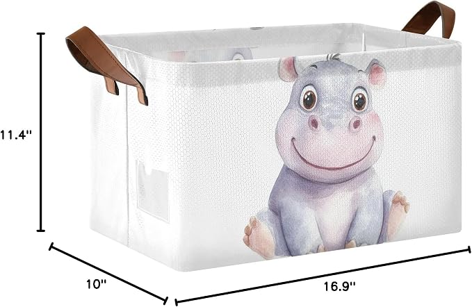Cute Baby Hippopotamus Hippo Animal Storage Basket with Labels&Handles Rectangular Waterproof Nursery Storage Bins Collapsible Shelf Organizer Baskets for Kids Books Cloth Gift Basket Toys Laundry