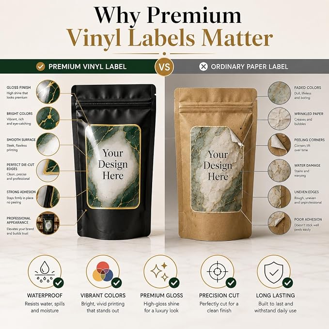 Custom Pouch Labels - Personalized Waterproof Vinyl Stickers for Pouches | Coffee Bags, Food Packaging, Tea, Protein Powder, Pet Treats, Glossy Custom Product Labels