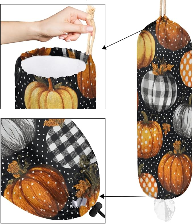 Autumn Pumpkin Plastic Bag Holder Polka Dots Grocery Bag Storage Dispenser Washable Hanging Shopping Bags Carrier Reusable Wall Mount Trash Bag Organizer for Kitchen Pantry