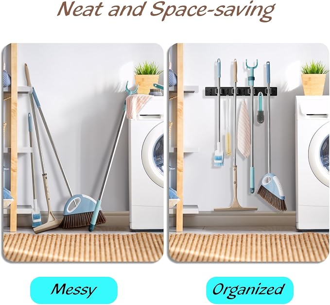OUTNILI Black Mop Broom Holder Wall Mount with 4 Slots & 4 Hooks - Rustic Wood Broom Mop Hanger for Pantry Closet Laundry Room Organization - Heavy Duty Garden Tool Organizer - Black Kitchen Decor