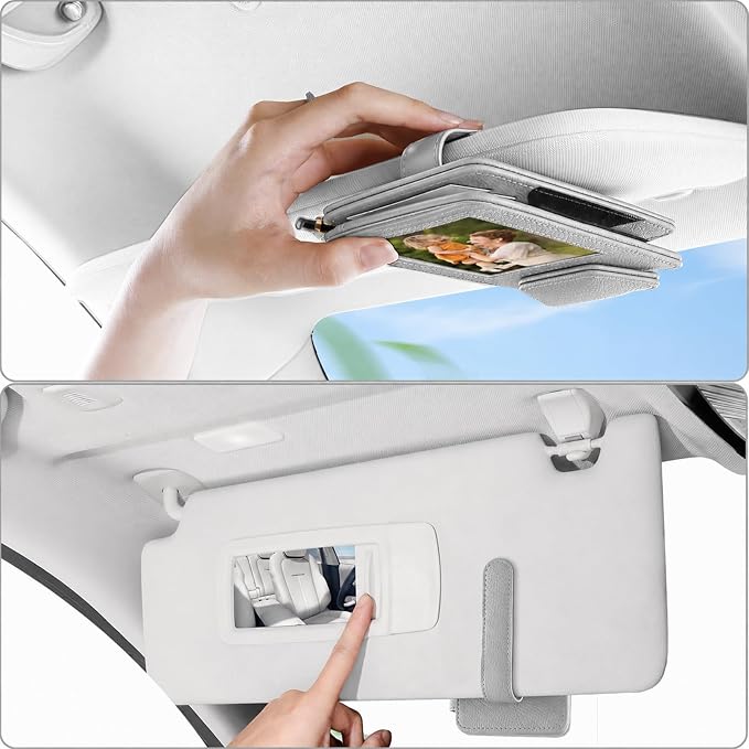 HOLDCY Car Visor Organizer with Registration Holder and Sunglasses Clip | Grey PU Faux Leather With Photo Window, Flip-Open Card Storage, Slim Profile And Tool-Free Setup; 1 Piece