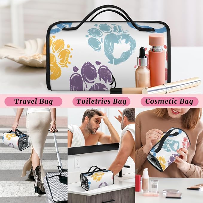Paw Print Makeup Bag for Women Hanging Roll-Up Travel Organizer Toiletry Kit with 4 Removable Compartments, Paw Print Pet Animal