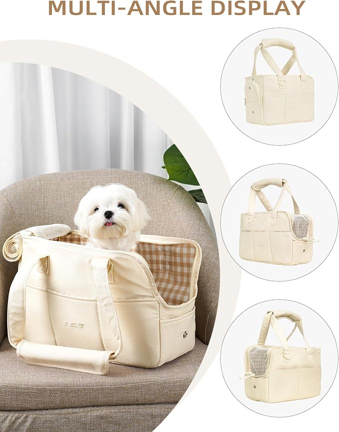 ONECUTE Dog Purse Carrier for Small Dogs Rabbit cat with Large Pockets, Cotton Bag, Dog Carrier Soft Sided, Collapsible Travel Puppy Carrier (Beige, 13.6" L x 6.5" W x 10" H)