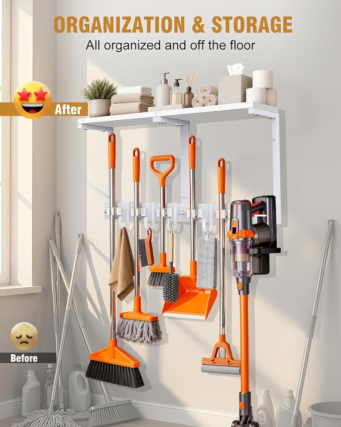 Large Broom Holder Wall Mount with Shelf, Vacuum Organizer, 5 Slots 5 Hooks | White, 3-In-1 Wall Mount Stores Brooms/Mops/Vacuum, Cleaning Supplies With 5 Grippers/5 Hooks And A Sturdy Wooden Top Shelf