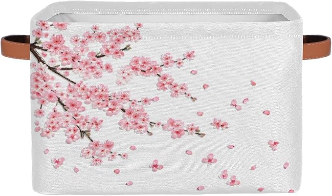 Basket Storage Bins Japanese Cherry Blossoms Rectangle Cube Basket Box Kids Girls Boys Toys Organizer Beaket Decor Foldable with Handle for Living Room Bedroom Closet Nursery Office Shelf Gifts