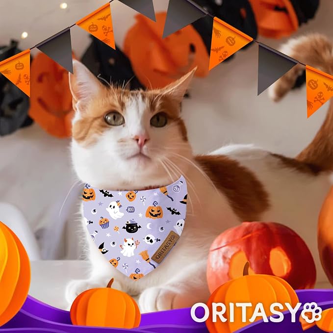 Halloween Dog Bandanas, Colorful Ghost 2-Pack Triangle Reversible Pet Scarves, Premium Fabric, Pumpkin Purple Bandana for All Boys Girls Dogs (X-Large, Style 1)