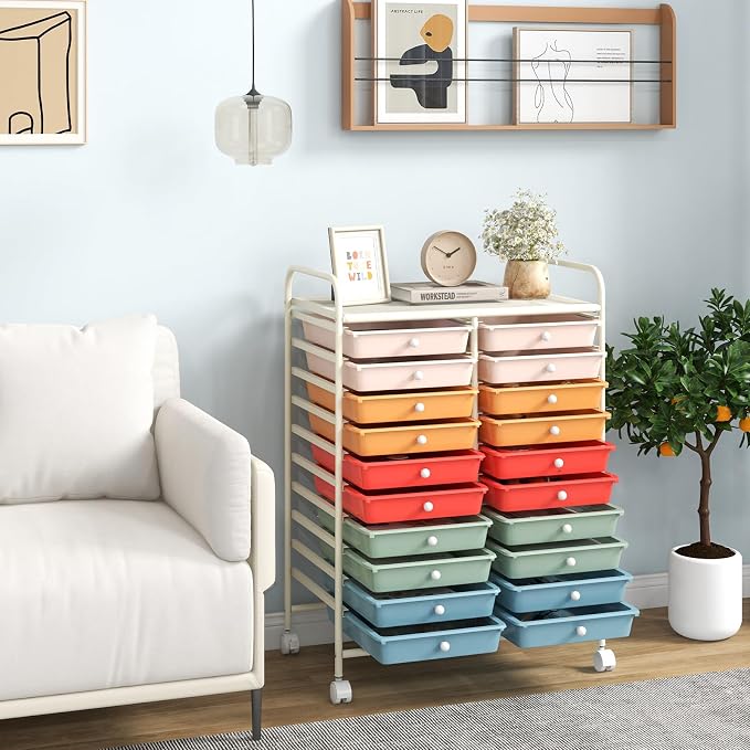 20 Drawer Rolling Storage Cart, Art Cart Organizer with Wheels for Makeup, Tool, Paper, Multipurpose Craft Storage Cart with Drawers for Office, Home, Classroom, School (Macaron Color)