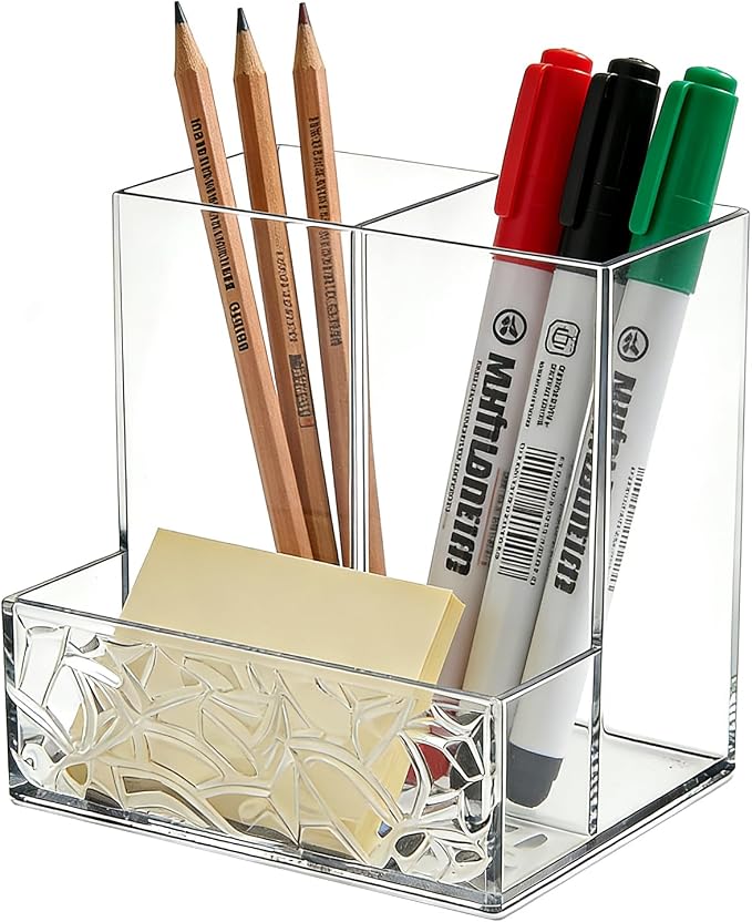 Clear PET Pen Holder, 3 Compartment Desk Organizer, Shatter-Resistant, Stronger Than Acrylic, for Office Home School Bathroom Makeup