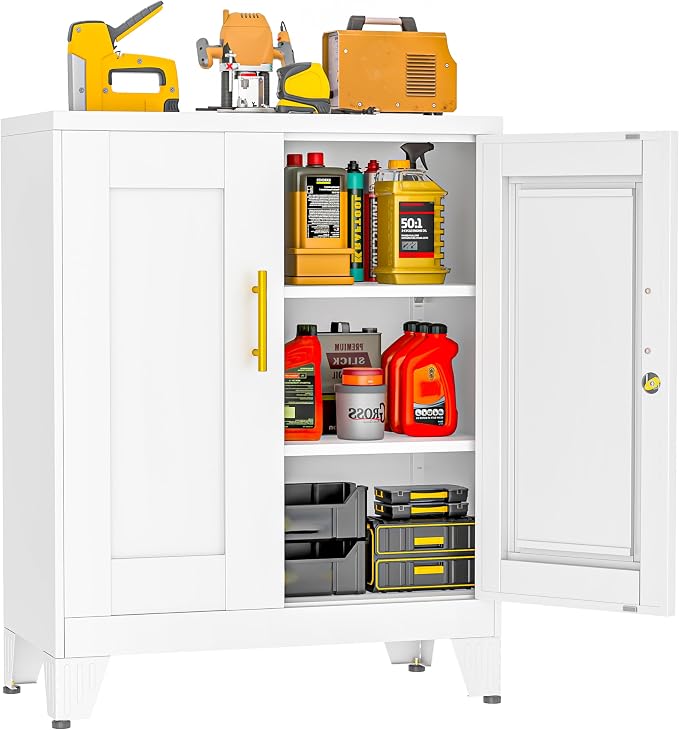 Small Metal Storage Cabinet, Lockable Tool Cabinet with Doors and 2 Shelves | 2 Adjustable Shelves, Locking Doors, Magnetic Closure, Adjustable Feet, Cold-Rolled Steel, Compact 27.5-Inch Width