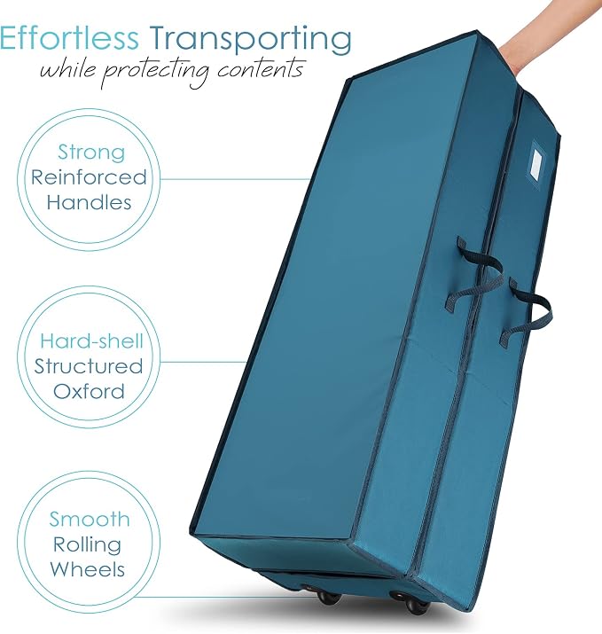 Hearth & Harbor Wrapping Paper Storage Container with Ribbon Dispenser and Interior Pockets - Large Christmas Storage Containers with Wheels, Fits 30 Rolls of 40" Length, Blue