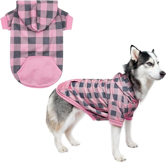 KOOLTAIL Plaid Dog Hoodie Pet Clothes Sweater with Hat and Pocket for Small Medium Large Size Dogs, Soft Winter Warm Dog Cold Weather Coat, Fleece Fall Dog Hooded Sweatshirt for Puppy Cats, Pink L