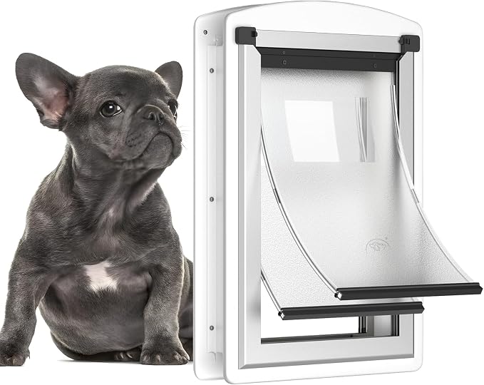 Dog Door for Exterior Door with Steel Frame and Telescoping Tunnel | Dog Door with Two Magnetic Flaps and Two Sliding Lock Panels, for Pets Up to 40LBS, White