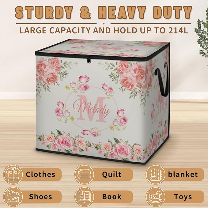 Custom Name Comforter Storage Bin with Lid, Personalized Initial Letter XL Storage Basket with Handles Zippers for Organizing Blankets, Bedding Closet Shelf Baskets, Pink Rose Floral