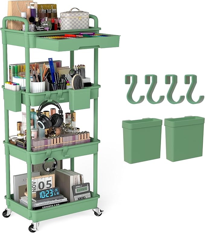 4 Tier Rolling Utility Cart with Drawer, Plastic Storage Organizer Rolling Carts with Wheels Handles Hanging Cups Hooks for Office, Bathroom, Kitchen,Craft Art Room (Green)