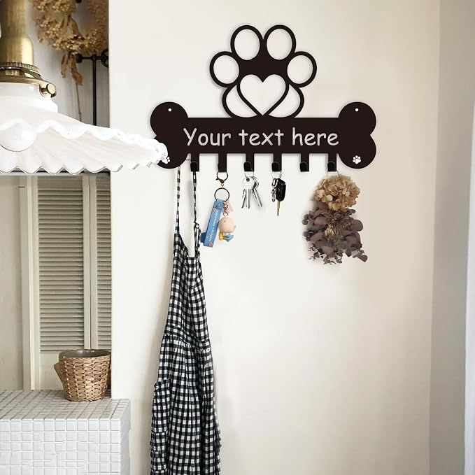 Personalized Wall Mount Dog Leash Holder, Organizer with Bone & Paw Design, Unique Metal Key Holder, Dog Decor Gift