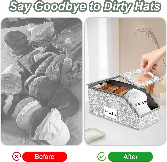 Hat Organizer for Baseball Caps 2PCS Stackable Storage with Clear Window Lid, Flip-Top Access, Space-Saving Hat Box for Closet, Breathable Fabric (Grey)