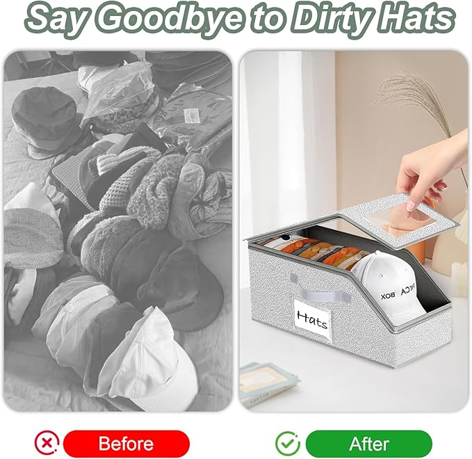Hat Organizer for Baseball Caps 1PCS Stackable Storage with Clear Window Lid, Flip-Top Access, Space-Saving Hat Box for Closet, Breathable Fabric (Grey)