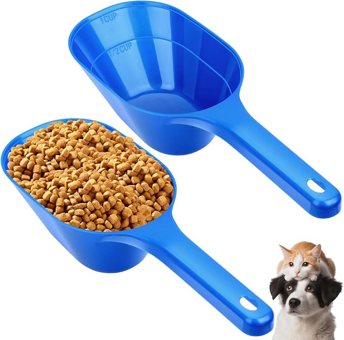 2 Pack Dog Food Scoop, 1 Cup Pet Food Scoop With Measuring Lines (Blue) | Clear Markings for Precise Measuring 1/2 and 1 Cup Lines,Dishwasher Safe,Plastic,Portable and Sturdy