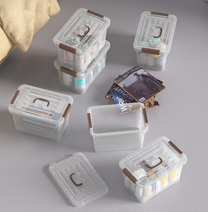 WYT 18-Pack Clear 7 Quart Storage Latch Box/Bins, Plastic Stackable Latching Box with Brown Handle and Lid, Multi-Purpose, 7 Litre