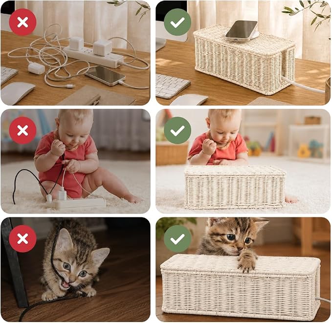 Cable Management Box, Handmade Rattan Cord Organizer for Power Strip | Open Slots Cord Hider for Power Strip, Router & USB Hub, Registered U.S. Design Patent