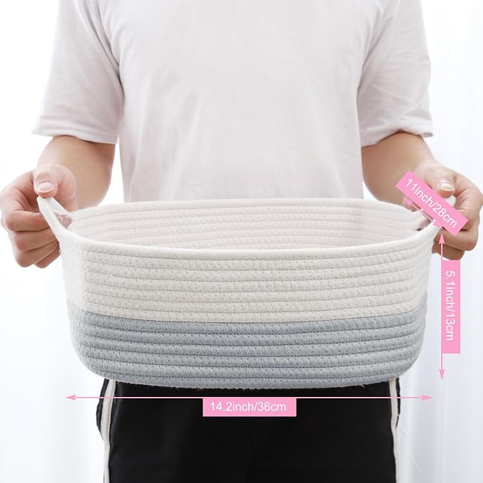 ABenkle Small Storage Basket with Handles, Cotton Rope Woven Dog Cat Toy Bin, Decorative Shelves Closet Organizing for Nursery Laundry Bedroom Bathroom, 14.2''x 11''x 5.1''