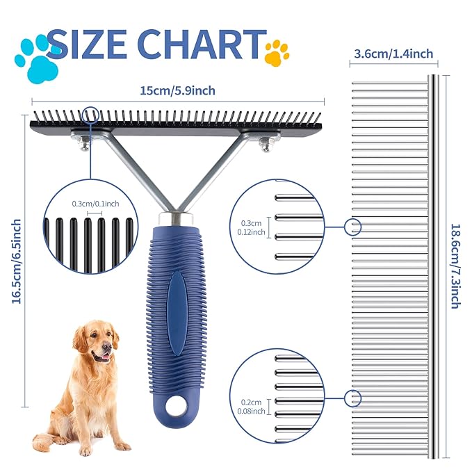 Undercoat Rake for Dogs, Long Tooth Grooming Rake + Stainless Steel Shedding Comb, Deshedding Brushes for Large Pet Horse Longhair Cat, German Shepherd Husky Brush