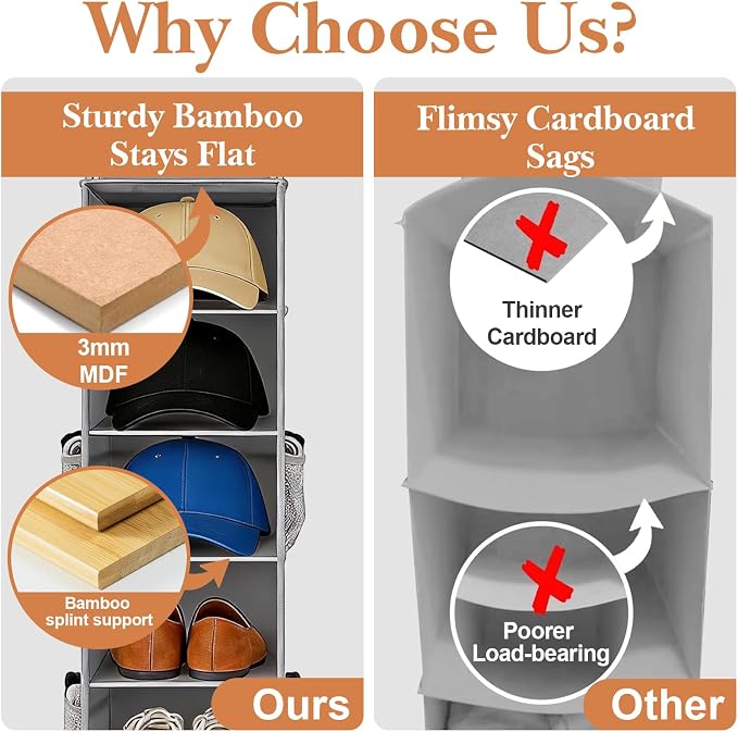 Hanging Shoe Organizer for Closet,8-Shelf Hanging Storage with Side Mesh Pockets,Wider Shelves for Baseball Caps,Clothes (9" W × 11.8" D × 54" H) Grey