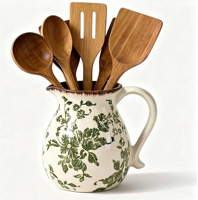 Farmhouse Ceramic Utensil Holder,6.1"Kitchen Counter Utensil Holder | Ceramic Utensil Organizer with Handle for Kitchen Countertop, Vintage Rustic Crock for Home Decor, Flower Pot, Spoon Tools