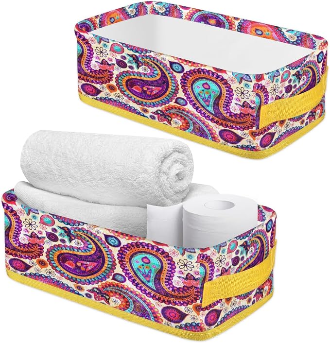 Paisley Folk Style Bathroom Storage Basket, Foldable with Handle Open Countertop Paper Towel Decorative Box, Toilet Tank Top Shelf Baskets for Home Closet Bedroom Living Room Office