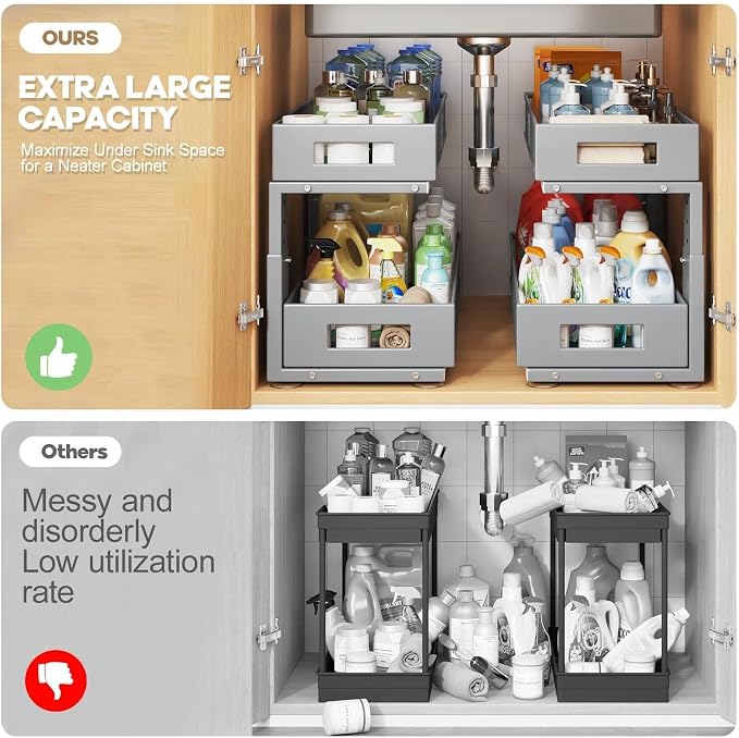 2 Packs 21IN Depth Under Sink Organizer, 2-Tier Pull Out Cabinet Organizer With Smooth Circular Rail, Large Capacity Metal Mesh Sliding Drawers For Bathroom& Kitchen Storage,Height Adjustable-Gun Gray