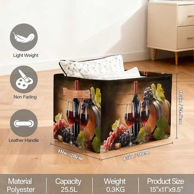 Pardick Storage Baskets Bin, Red Wine Collapsible Canvas Fabric Storage Bin Decorative Baskets Toy Organizer Rectangle Storage Boxes with handles for Home Shelves Nursery,Q-2