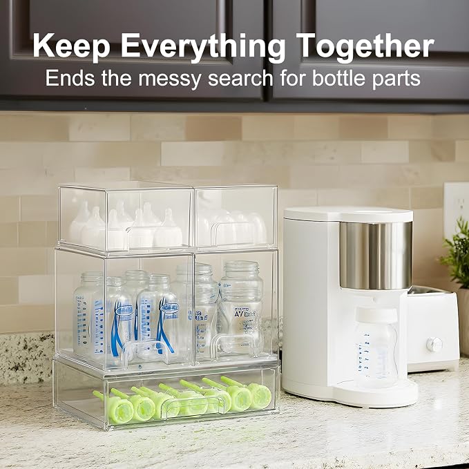 Bottle Storage Organizer Baby: Acrylic Stackable Storage Drawers | Clear Bottles Station Organizer for Countertop, Vanity, Bathroom, Cabinet Organization - 5 Pack