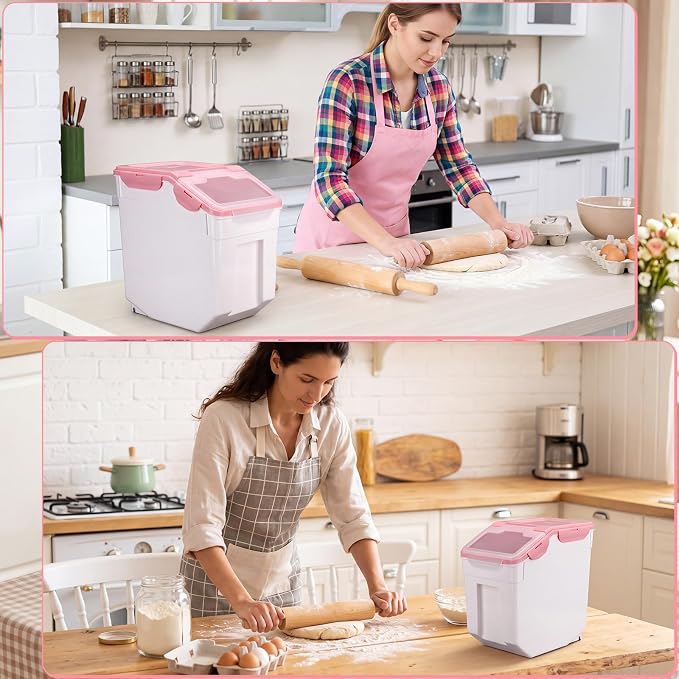 Sunnyray 4 Pcs 55 Lbs Flour Storage Container Bin,Rice Storage Containers with Wheels Seal Locking Lid, BPA Free with Measuring Cup Scoop for Rice Grain Pet Food Flour (Pink)