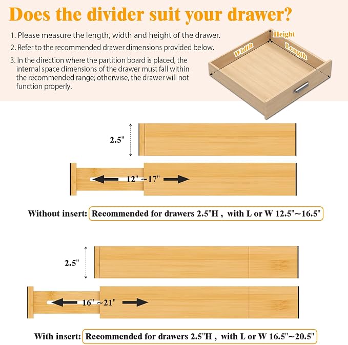 Bamboo Drawer Dividers, 12-21 Inch Kitchen Adjustable Drawer Organizers | Expandable Dresser Separators for Clothes, Ideal for Kitchen, Bathroom, Vanity, Office Organization and Storage, 5-Pack
