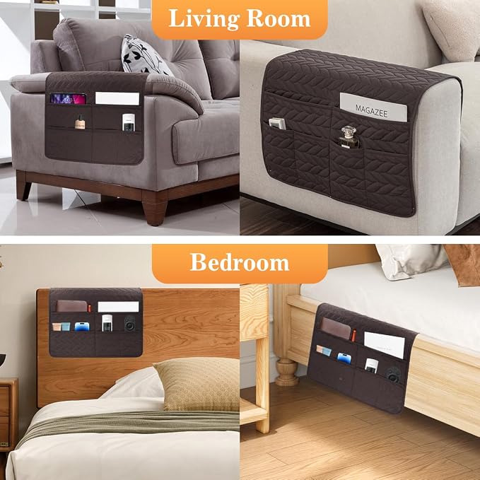 Sofa Armrest Organizer Arm Chair Caddy for Recliner, Remote Control Holder for Recliner, Non-Slip Armchair Caddy with 6 Pockets Storage for Magazine, Chocolate